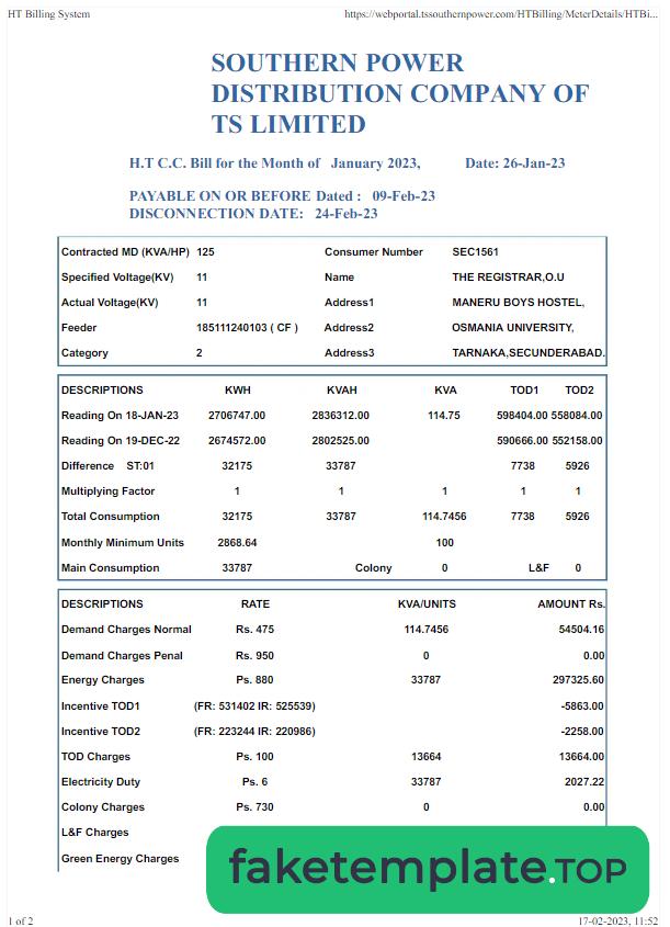 Feature of fake INDIA SOUTHERN POWER utility bill example